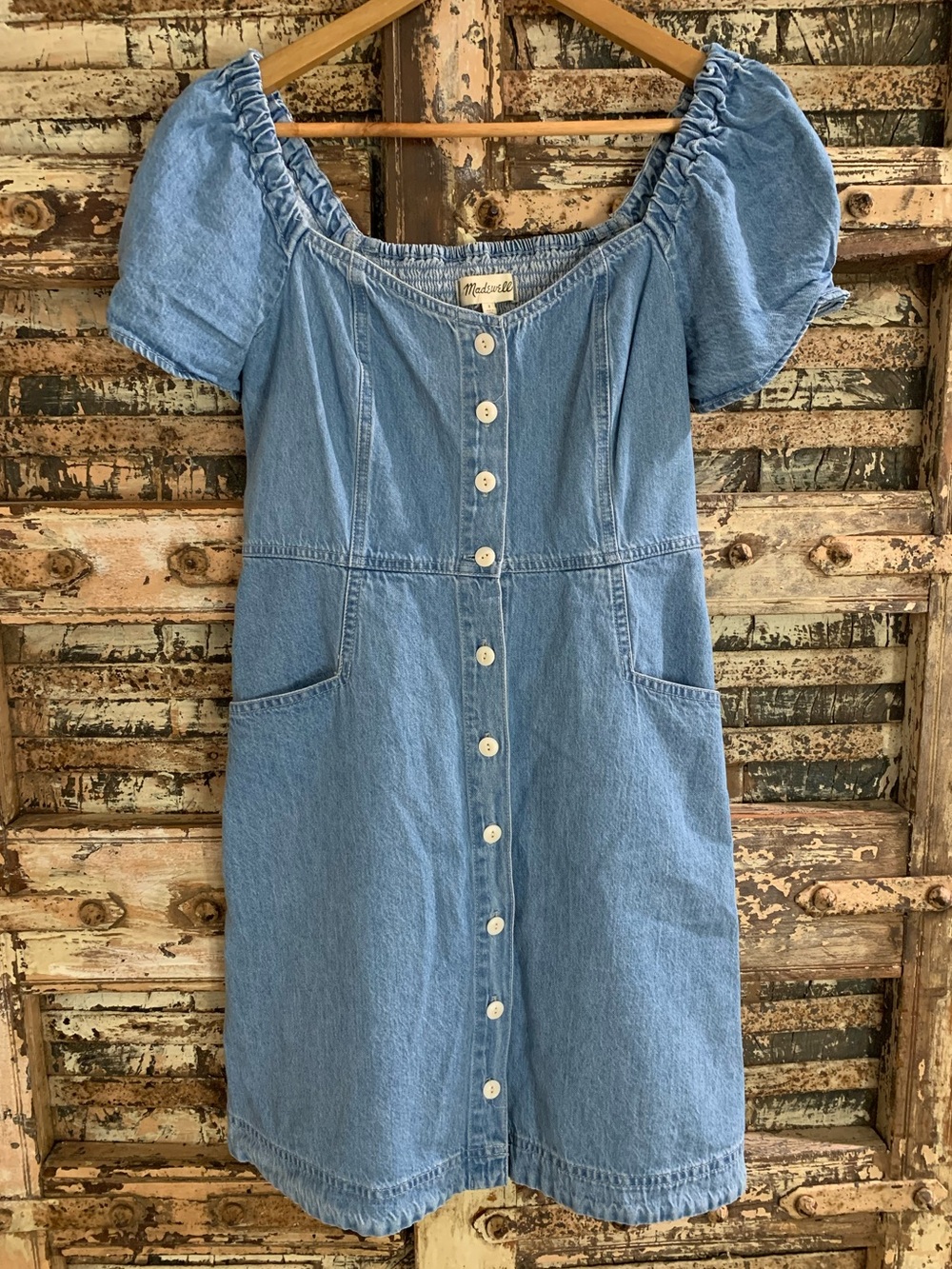 Madewell Light Denim Button-Up Mini Dress, Puff Sleeves, Smocked Back, 4